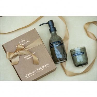 Logo trade promotional merchandise picture of: Wellmark Discovery 200 ml hand soap dispenser and 150 g scented candle set - dark amber fragrance
