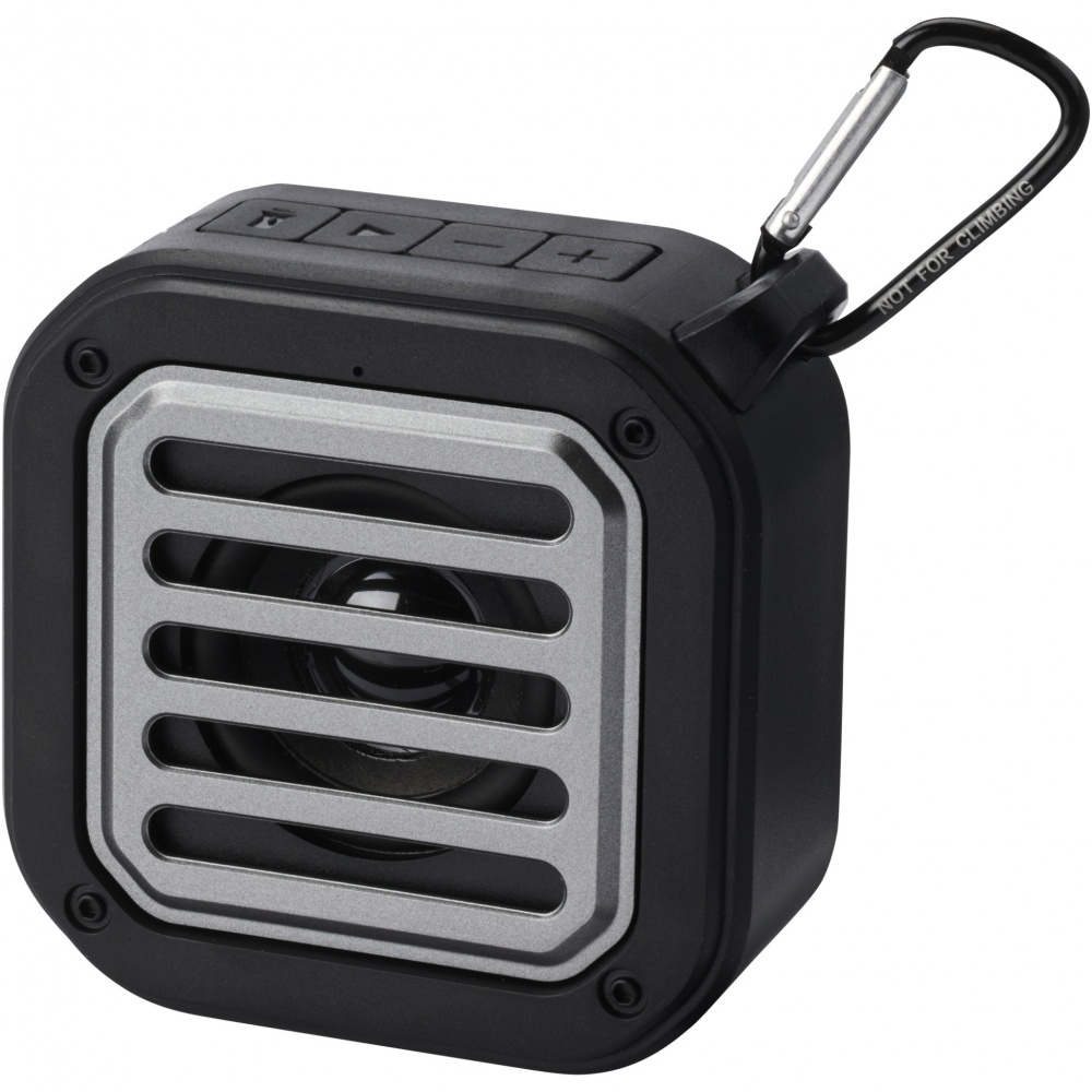 Logo trade promotional gifts image of: Solo 3W IPX5 RCS recycled plastic solar Bluetooth® speaker with carabiner 