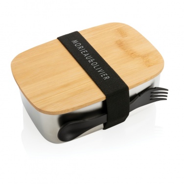 Logo trade promotional products image of: Stainless steel lunchbox with bamboo lid and spork