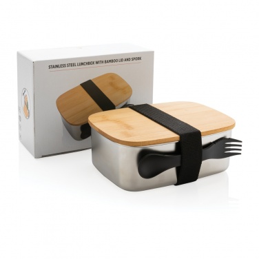 Logotrade advertising product image of: Stainless steel lunchbox with bamboo lid and spork