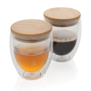 Logo trade corporate gifts image of: Double wall borosilicate glass with bamboo lid 250ml 2pc set