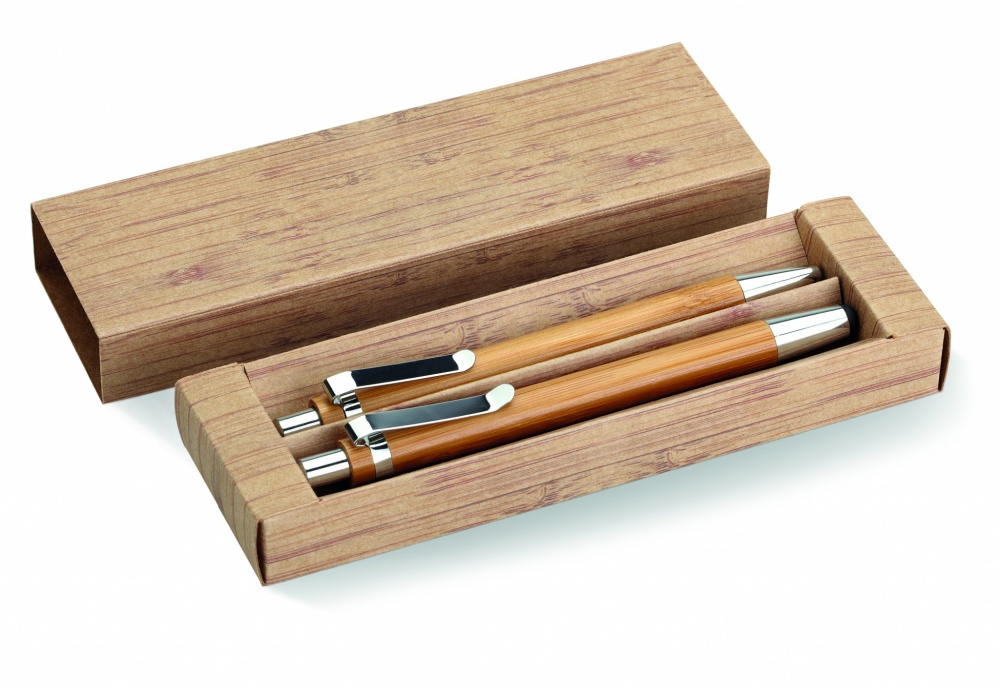 Logo trade promotional item photo of: Bamboo pen and pencil set