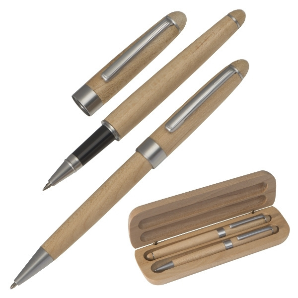 Logo trade promotional merchandise image of: Wooden writing set ballpen and roller INDIANAPOLIS