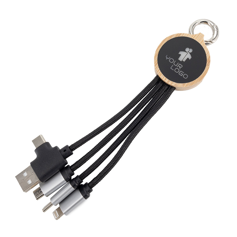 Logo trade business gift photo of: 4-in-1 cable with elighted logo in a wooden casing, LH-ZMU05