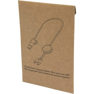 Logo trade business gift photo of: Chechia 5-in-1 recycled plastic 30 cm data sync and 27W fast charge cable with bamboo details