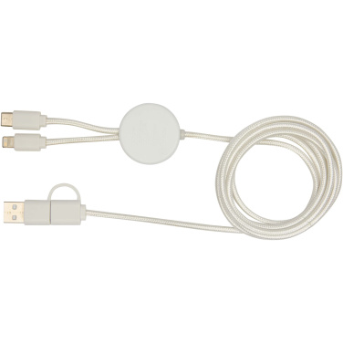Logo trade promotional products image of: Chechia 5-in-1 recycled plastic 150 cm data sync and 27W fast charge cable with bamboo details