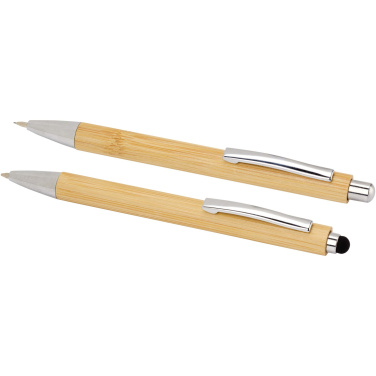 Logo trade promotional merchandise picture of: Oblys bamboo ballpoint pen and mechanical pencil set (black ink)