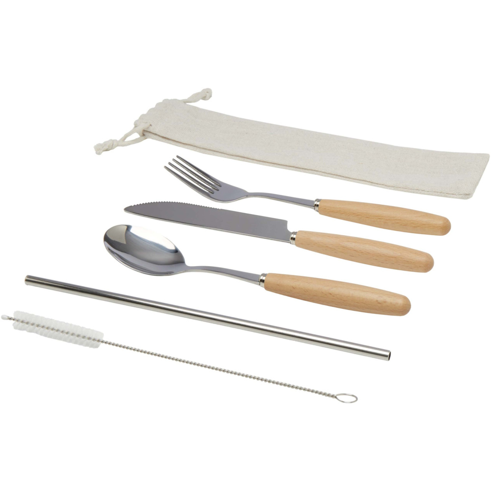 Logo trade promotional gift photo of: Root 5-piece stainless steel and beech wood cutlery set