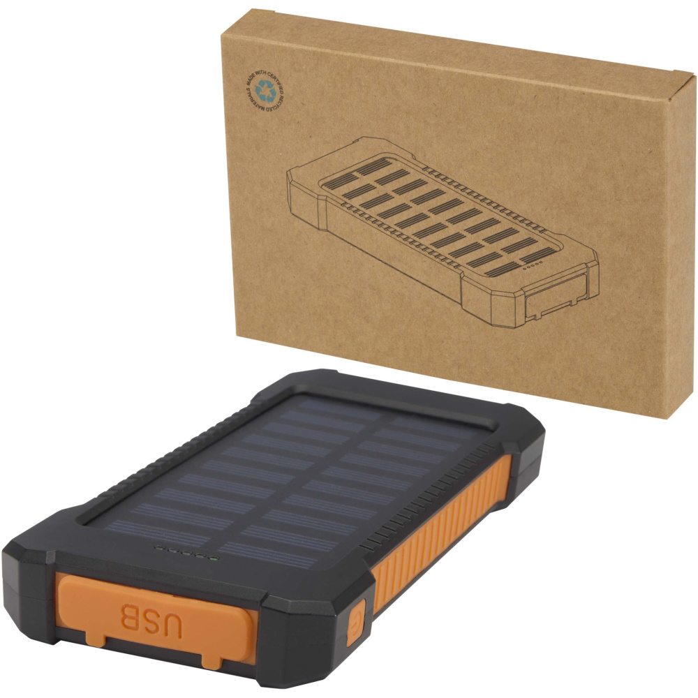 Logotrade advertising product picture of: Altair 5000 mAh 10W recycled plastic rugged solar power bank with built-in torch