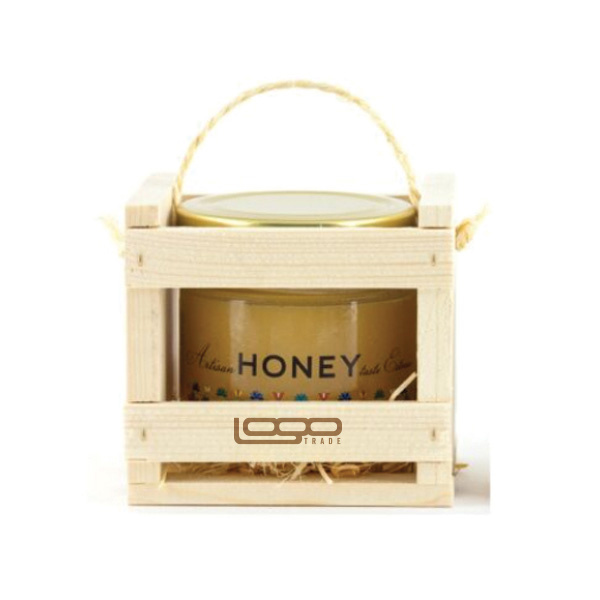 Logo trade advertising products picture of: ##Flower honey in a wooden box, 300 ml with custom design