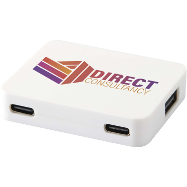 Logo trade mainostuote kuva: Gaia 4-porttinen USB-keskitin, jossa USB-A- ja Type-C-lähtö sekä kaksoistulo – valmistettu kierrätetystä muovista