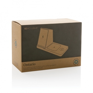 Logotrade reklaminės dovanos nuotrauka: Ontarijo perdirbto plastiko ir bambuko „trys viename“ belaidis įkroviklis